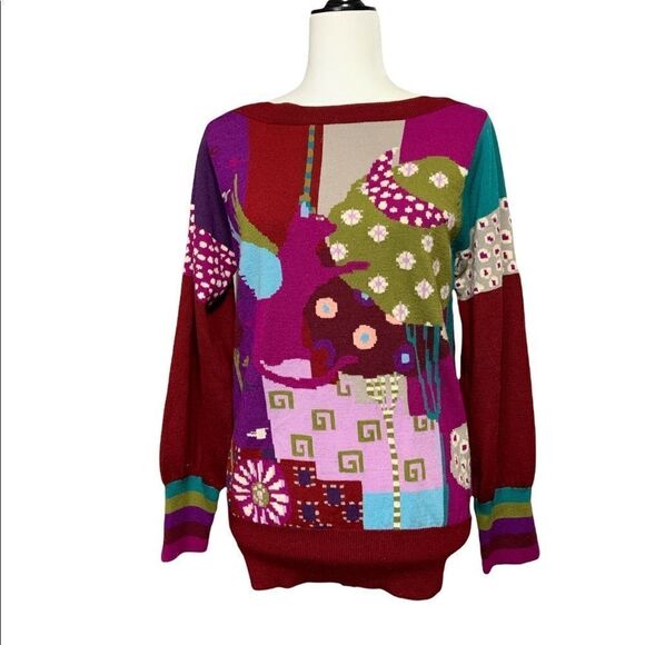 Chacok France Dulcy 100% Wool Multicolor Cat Sweater Boatneck - Picture 1 of 8